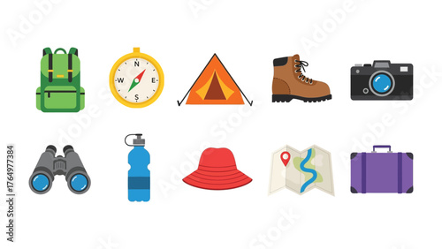 Adventure Essentials: a collection of outdoor and adventure items in illustration that spark wanderlust and the spirit of exploration.