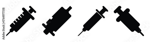 Modern medical syringe icons set simple black outline symbols healthcare injection vaccine drug delivery tools for medicine