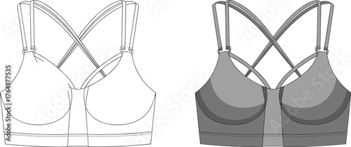 Women's stylish criss-cross strap sports bra fashion flat technical sketch vector illustration for apparel design and clothing template.