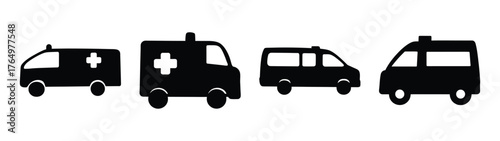 Four simple black ambulance icons representing emergency medical transport healthcare rescue services and urgent care vehicles
