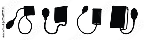 Blood pressure cuff icons for medical health monitoring devices simple black and white design medical equipment symbols