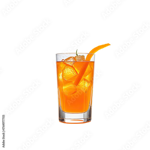Refreshing cocktail with ice cubes and orange peel garnish, black background