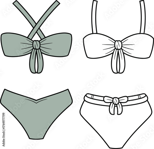 Women's stylish tie-front bikini swimsuit fashion flat technical sketch vector illustration for swimwear design and apparel template.