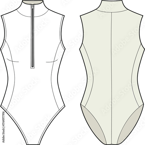 Women's stylish high-neck zip-front bodysuit fashion flat technical sketch vector illustration for apparel design and clothing template.