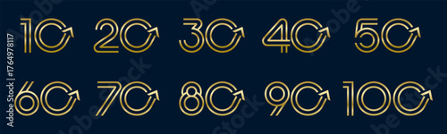 Set of collection numbers 10 to 100 with Arrow element vector illustration. Arrow up element with numbers 10, 20, 30, 40, 50, 60, 70, 80, 90, 100 for greetings, anniversary and more.