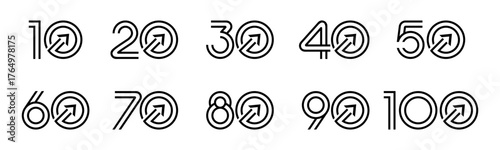 Set of collection numbers 10 to 100 with Arrow element vector illustration. Arrow up element with numbers 10, 20, 30, 40, 50, 60, 70, 80, 90, 100 for greetings, anniversary and more.