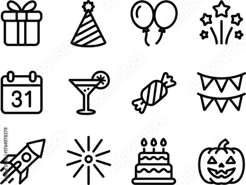 Celebration Icons A Set of Festive Black and White Line Art Symbols for Joyful Occasions