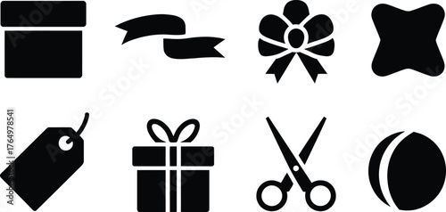 A curated set of eight black silhouette icons for gifting, celebrations, and craft projects, featuring present boxes, decorative ribbons, price tags, and sharp scissors