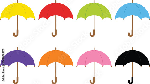 A vibrant collection of multicolored umbrellas. A flat vector illustration set with various bright colors, isolated on a white background