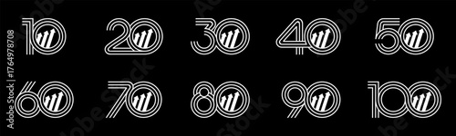 Set of collection numbers 10 to 100 with Arrow element vector illustration. Arrow up element with numbers 10, 20, 30, 40, 50, 60, 70, 80, 90, 100 for greetings, anniversary and more.