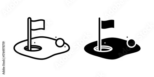 Golf icon set. A set minimalist illustration of a golf hole with a flag and ball. Isolated on white background.