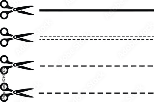 Black and white vector graphic of scissors cutting diverse lines solid, dashed, and dotted patterns. Essential visual instruction for cutting, ideal for DIY guides, crafts, and coupons