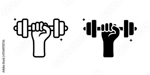 Dumbbell icon set. A minimalist icon illustration of a hand holding a dumbbell. perfect for fitness, exercise, training, and gym related designs. Isolated on white background.