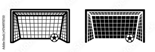 Football Goal icon set. A simple minimalist illustration of a soccer goal with a ball. Ideal for sports related designs, icons, and graphics. Isolated on white background.