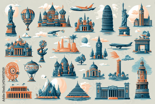 
Travel and adventure icons with landmarks