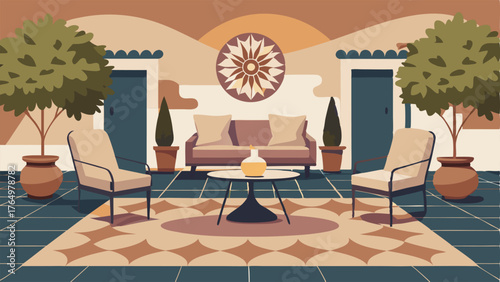 A chic outdoor patio with a mosaic tiled floor bronze accent furniture and a large geometric patterned area rug.