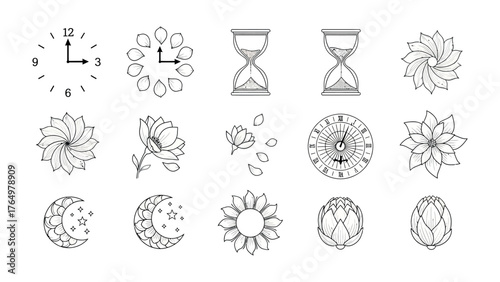  Timeless Elegance: A curated set of delicate line art illustrations, featuring clocks, sandglasses, celestial bodies, and botanical forms. Designed with a timeless aesthetic