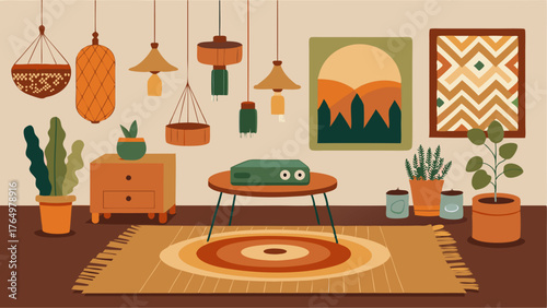 A cozy corner of a living room with a mix of vintage hanging macrame planters a retro record player and a vintage rug layered over a jute one.