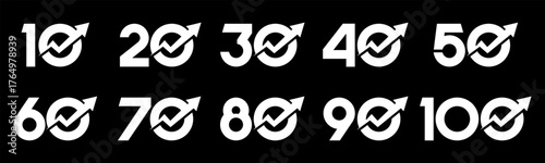 Set of collection numbers 10 to 100 with Arrow element vector illustration. Arrow up element with numbers 10, 20, 30, 40, 50, 60, 70, 80, 90, 100 for greetings, anniversary and more.
