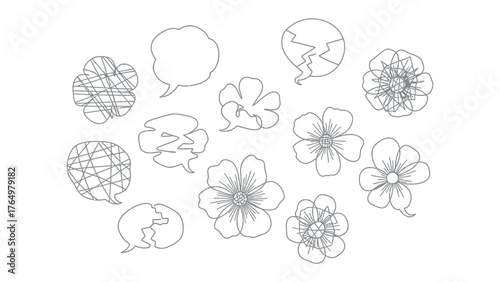 Floral Speech Bubbles: A delicate artistic display features a combination of speech bubbles and detailed flowers, intertwining natural elements and communication symbols. 
