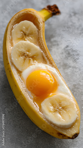 Wallpaper Mural Banana Egg Boat – Sweet & Savory Breakfast Fusion, Poached Egg in Banana – Unique Brunch Idea, Creative Food Art: Banana with Sunny-Side-Up Egg Torontodigital.ca