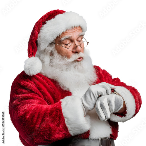 Santa Claus checking his watch conveying a sense of urgency or surprise about the time