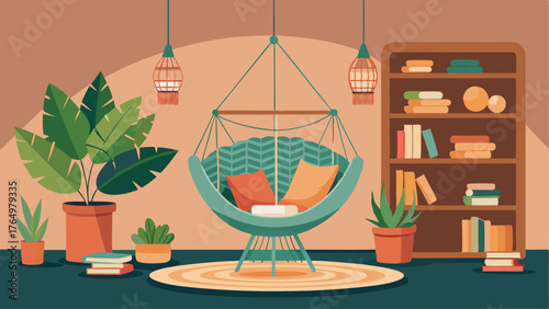 A cozy reading nook with a hanging macrame chair and a shelf filled with books and small potted tropical plants.