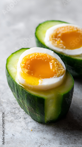 Wallpaper Mural Cucumber Egg Boats – Healthy Low-Carb Breakfast, Soft-Boiled Egg in Cucumber Cups – Refreshing Brunch Idea, Creative Food Art: Cucumber with Runny Yolk

 Torontodigital.ca