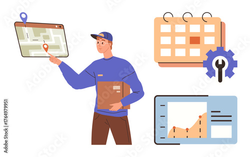 Worker holding package, pointing at map. Includes calendar, gear icon, data charts. Ideal for delivery, logistics, planning tracking technology time management business operations. Flat metaphor