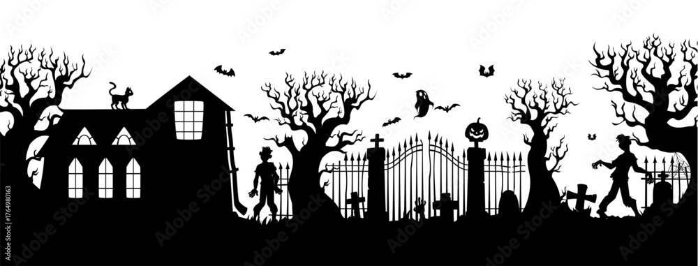 Obraz premium Halloween haunted graveyard cemetery silhouette. Vector zombie monster figures, ghosts, pumpkin head near iron gates, gravestone and bare trees silhouettes on graveyard cemetery for Halloween holiday