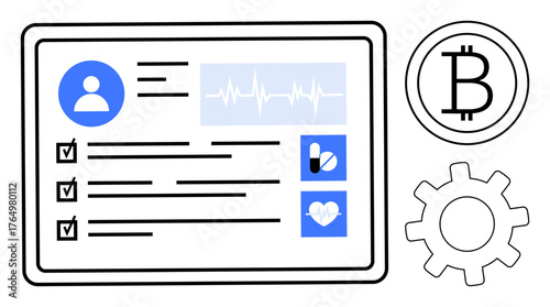 Electronic health record displaying user profile, vitals, and medications alongside cryptocurrency and settings icons. Ideal for healthcare, technology, security, finance, innovation, data