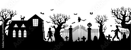 Halloween haunted graveyard cemetery silhouette. Vector zombie monster figures, ghosts, pumpkin head near iron gates, gravestone and bare trees silhouettes on graveyard cemetery for Halloween holiday