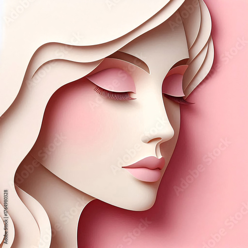 Young woman in beige and pink tones.