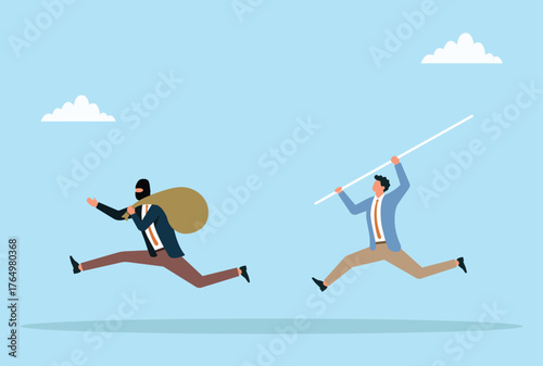 Vector illustration of a businessman chasing a masked thief carrying a money bag, symbolizing fraud prevention, financial crime pursuit, or the fight against corporate theft and corruption

