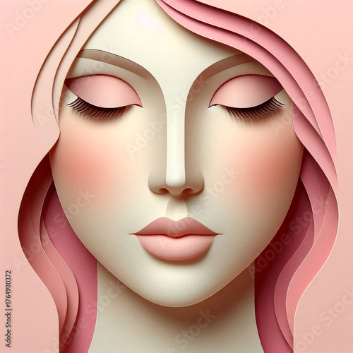 Young woman in beige and pink tones.