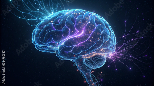 Abstract Digital Brain with Neon Purple and Blue Energy