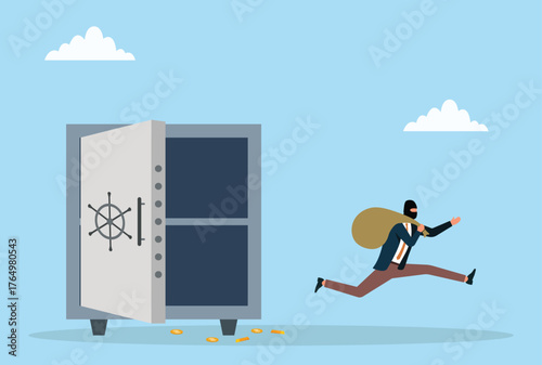 Vector illustration of a masked thief running away with a money sack from an open empty vault, symbolizing bank robbery, financial crime, theft, security breach, and stolen wealth concept
