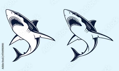 Ocean's Apex Predator: A stark illustration of two fearsome sharks, showcasing their powerful jaws and sleek, streamlined bodies, symbolizing the raw force of nature's apex predators.