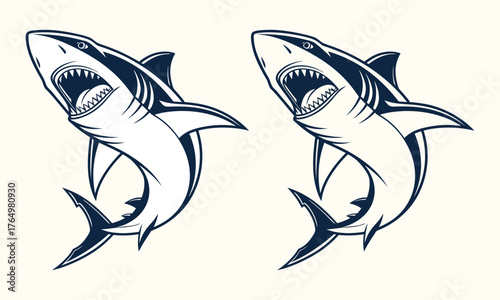 Predatory Majesty: Two stylized illustrations of a shark showcase the raw power and predatory nature of the ocean's apex predator, evoking a sense of awe and respect for the marine world.