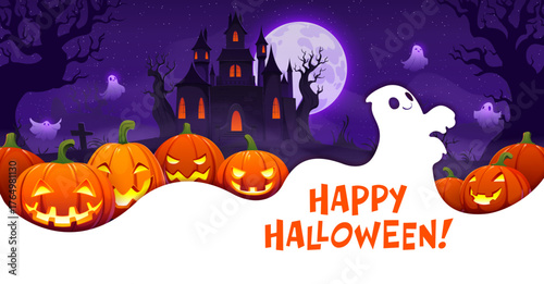 Happy Halloween greeting vector card with paper cut ghost, pumpkins with various carved faces and smiling ghost appear in front of a moonlit castle in haunted forest for Halloween holiday greeting