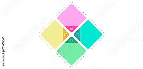 4-Step Diamond Vector Infographic Template. Minimalist illustration uses four colored, rounded squares to visualize a process, cycle, or key options. Editable graphic provides a modern, clean design
