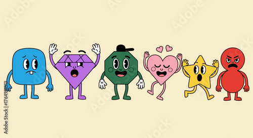A fun collection of retro cartoon geometric shape characters expressing a wide range of different emotions from joy and love to anger