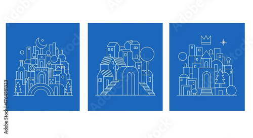 A minimalist triptych of fantasy kingdom icons, showcasing abstract cityscapes with clean geometric line art on a blue background