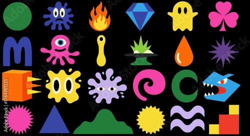 Collection of vibrant abstract geometric forms and playful monster icons. A modern and bold graphic design asset set