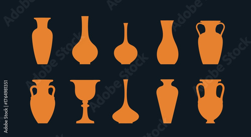 Elegant collection of classical vase and urn silhouettes. Vector graphic icons representing ancient pottery artifacts for design projects