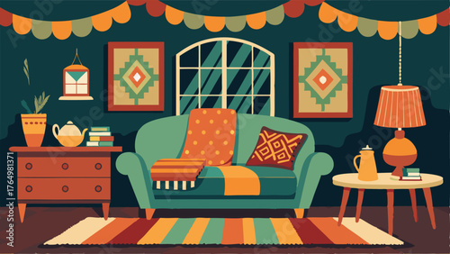 A cozy den with a mix of vintage furniture pieces covered in unique patterned fabric.