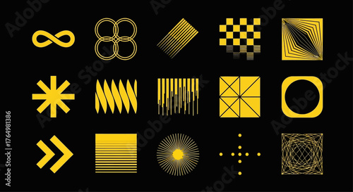 Bold universal geometric symbols and abstract shapes. A modern collection of brutalist design elements for futuristic projects