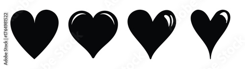 Lovely set of four stylized black heart shapes representing deep love passion and emotion for creative design projects