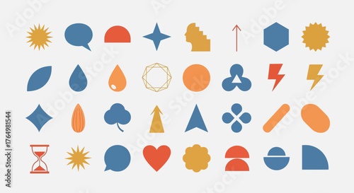 Collection of minimalist geometric shapes and abstract icons for modern graphic design projects. A versatile set of brutalist symbols