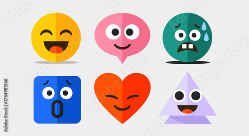 Vibrant collection of geometric emoji icons showcasing different emotions. Flat style character faces perfect for social media, web, and app interfaces